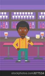 An african-american man standing at the bar and holding a glass of juice vector flat design illustration. Vertical layout.. Man holding glass of juice.