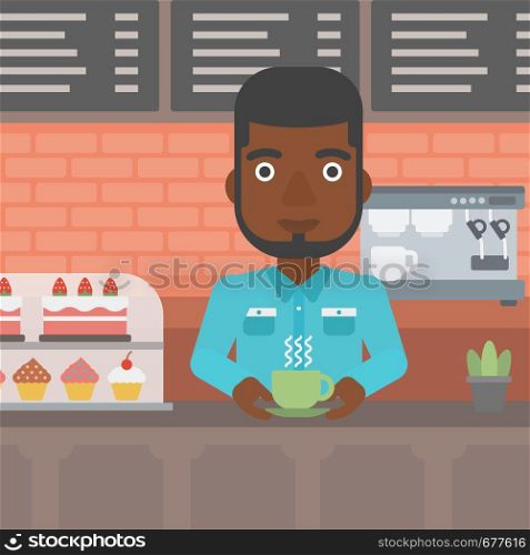 An african-american man standing at the counter with cup of coffee on the background of bakery with pastry and coffee maker vector flat design illustration. Square layout.. Man making coffee.
