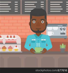 An african-american man standing at the counter with cup of coffee on the background of bakery with pastry and coffee maker vector flat design illustration. Square layout.. Man making coffee.