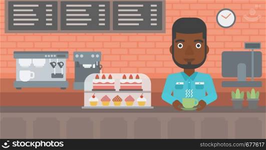 An african-american man standing at the counter with cup of coffee on the background of bakery with pastry and coffee maker vector flat design illustration. Horizontal layout.. Man making coffee.