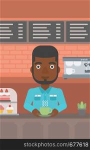 An african-american man standing at the counter with cup of coffee on the background of bakery with pastry and coffee maker vector flat design illustration. Vertical layout.. Man making coffee.