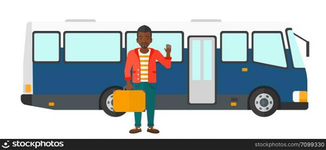 An african-american man standing at the entrance door of a bus vector flat design illustration isolated on white background.. Man standing near bus.
