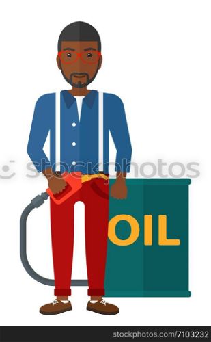 An african-american man standing beside the oil can and holding filling nozzle vector flat design illustration isolated on white background. . Man with oil can and filling nozzle.