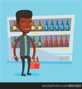An african-american man standing in alcohol store with pack of beer on background of refrigerator. Man buying beer. Beer lover holding pack with bottles. Vector flat design illustration. Square layout. Man with pack of beer at supermarket.