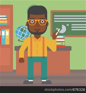 An african-american man standing in classroom in front of the blackboard with a piece of chalk in his hand vector flat design illustration. Square layout. . Man with chalk in hand.