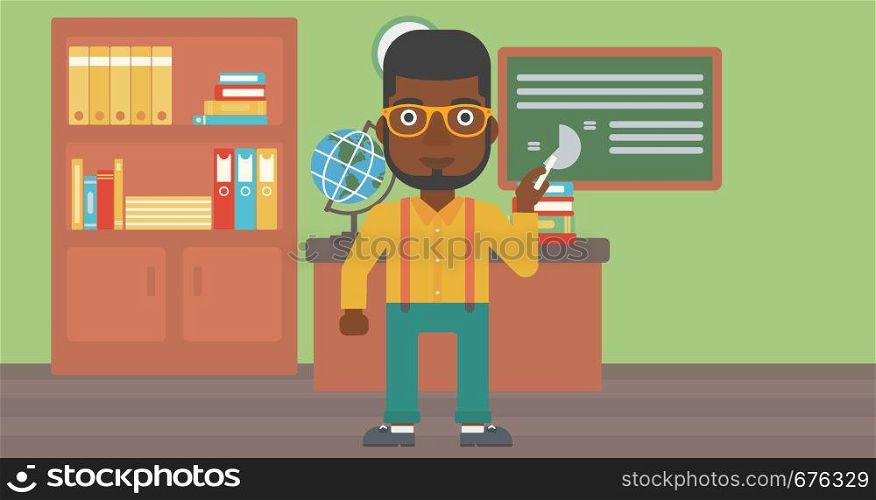 An african-american man standing in classroom in front of the blackboard with a piece of chalk in his hand vector flat design illustration. Horizontal layout. . Man with chalk in hand.