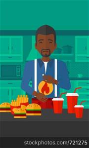 An african-american man standing in front of table full of junk food and suffering from heartburn on a kitchen background vector flat design illustration. Vertical layout.. Man suffering from heartburn.