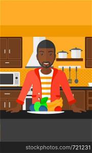 An african-american man standing in front of table full of organic healthy food on a kitchen background vector flat design illustration. Vertical layout.. Man with healthy food.