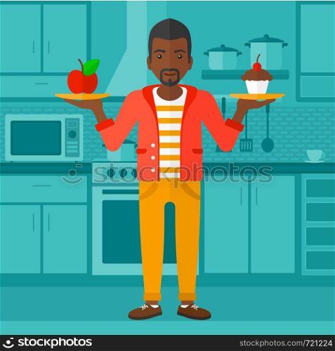 An african-american man standing in kitchen with apple and cake in hands symbolizing choice between healthy and unhealthy food vector flat design illustration. Square layout.. Man with apple and cake.