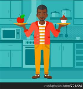 An african-american man standing in kitchen with apple and cake in hands symbolizing choice between healthy and unhealthy food vector flat design illustration. Square layout.. Man with apple and cake.