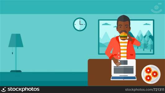 An african-american man standing in room in front of a laptop while eating junk food vector flat design illustration. Horizontal layout.. Man eating hamburger.