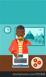 An african-american man standing in room in front of a laptop while eating junk food vector flat design illustration. Vertical layout.. Man eating hamburger.