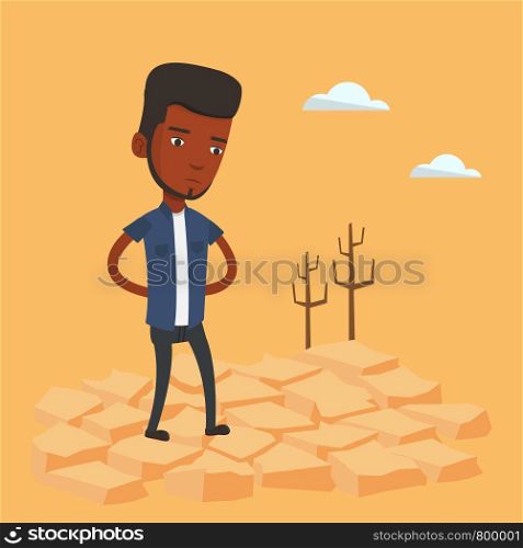 An african-american man standing in the desert. Frustrated man standing on cracked earth in the desert. Concept of climate change and global warming. Vector flat design illustration. Square layout.. Sad man in the desert vector illustration.
