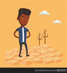 An african-american man standing in the desert. Frustrated man standing on cracked earth in the desert. Concept of climate change and global warming. Vector flat design illustration. Square layout.. Sad man in the desert vector illustration.