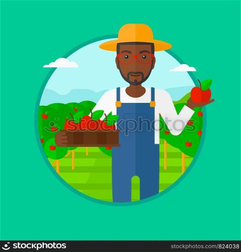 An african-american man standing in the garden and holding a crate full of apples in hands. Young male farmer collecting apples. Vector flat design illustration in the circle isolated on background.. Farmer collecting apples vector illustration.