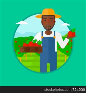 An african-american man standing in the garden and holding a crate full of apples in hands. Young male farmer collecting apples. Vector flat design illustration in the circle isolated on background.. Farmer collecting apples vector illustration.
