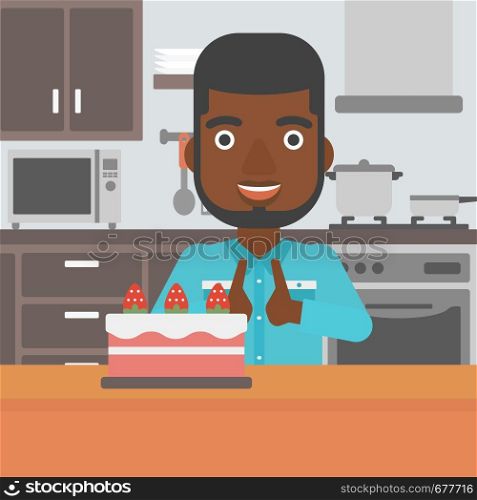 An african-american man standing in the kitchen and looking with passion at a big cake vector flat design illustration. Square layout.. Man looking at cake.