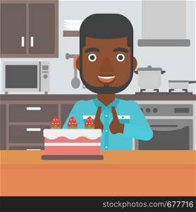 An african-american man standing in the kitchen and looking with passion at a big cake vector flat design illustration. Square layout.. Man looking at cake.