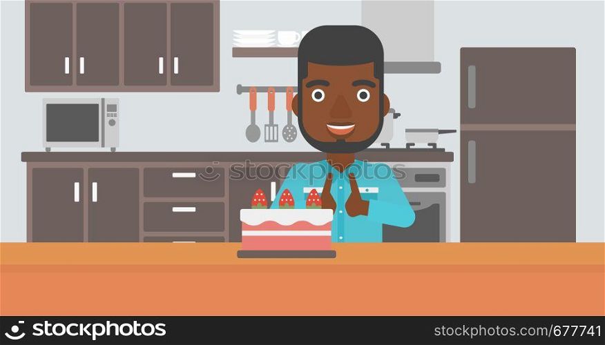 An african-american man standing in the kitchen and looking with passion at a big cake vector flat design illustration. Horizontal layout.. Man looking at cake.