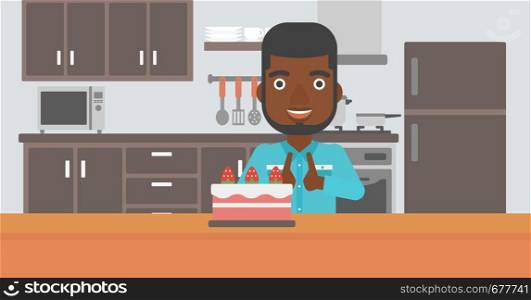 An african-american man standing in the kitchen and looking with passion at a big cake vector flat design illustration. Horizontal layout.. Man looking at cake.