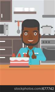 An african-american man standing in the kitchen and looking with passion at a big cake vector flat design illustration. Vertical layout.. Man looking at cake.