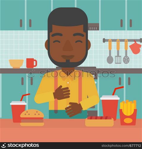 An african-american man standing in the kitchen in front of table full of junk food and suffering from heartburn vector flat design illustration. Square layout.. Man suffering from heartburn.