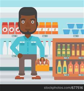 An african-american man standing in the supermarket and holding a pack of beer vector flat design illustration. Square layout.. Man with pack of beer.