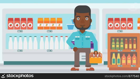 An african-american man standing in the supermarket and holding a pack of beer vector flat design illustration. Horizontal layout.. Man with pack of beer.