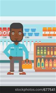 An african-american man standing in the supermarket and holding a pack of beer vector flat design illustration. Vertical layout.. Man with pack of beer.