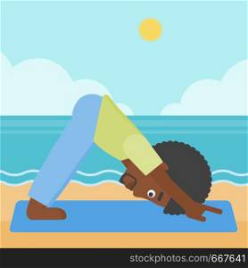 An african-american man standing in yoga downward facing dog pose on the beach vector flat design illustration. Square layout.. Man practicing yoga.