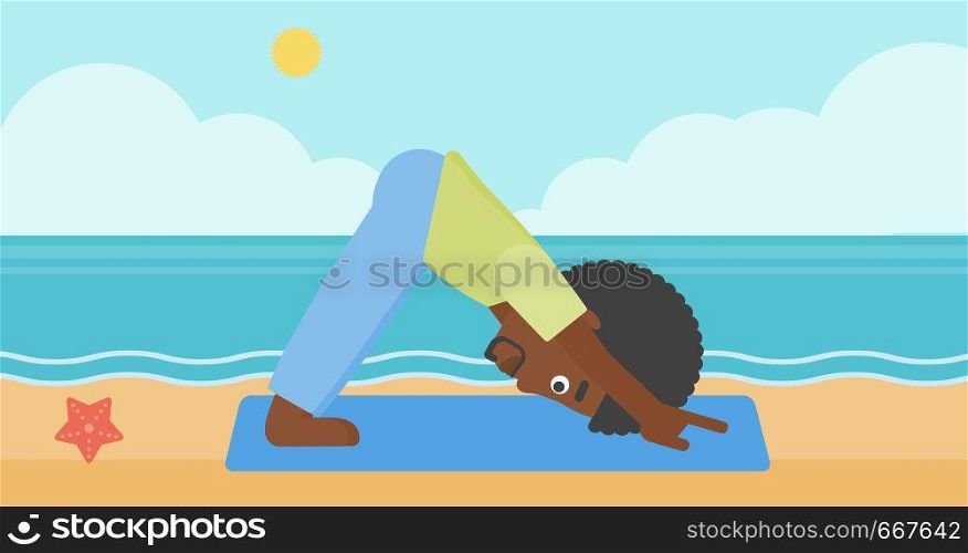 An african-american man standing in yoga downward facing dog pose on the beach vector flat design illustration. Horizontal layout.. Man practicing yoga.