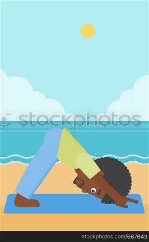 An african-american man standing in yoga downward facing dog pose on the beach vector flat design illustration. Vertical layout.. Man practicing yoga.