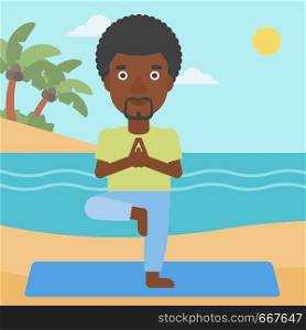 An african-american man standing in yoga tree pose on the beach vector flat design illustration. Square layout.. Man practicing yoga.