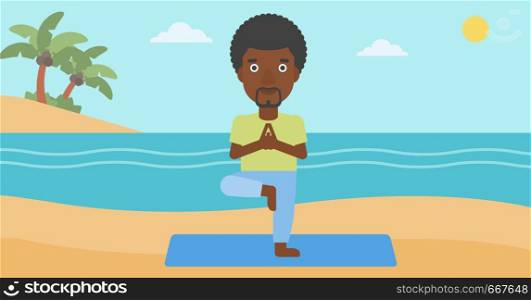 An african-american man standing in yoga tree pose on the beach vector flat design illustration. Horizontal layout.. Man practicing yoga.