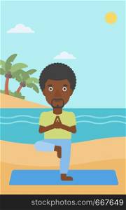 An african-american man standing in yoga tree pose on the beach vector flat design illustration. Vertical layout.. Man practicing yoga.
