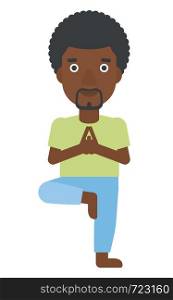 An african-american man standing in yoga tree pose vector flat design illustration isolated on white background.. Man practicing yoga.