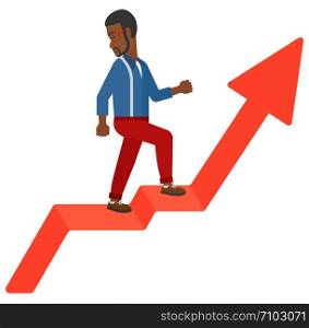 An african-american man standing on an uprising chart and looking down vector flat design illustration isolated on white background. . Man standing on uprising chart.