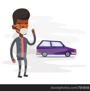 An african-american man standing on the background of car with traffic fumes. Man wearing mask to reduce the effect of traffic pollution. Vector flat design illustration isolated on white background.. Air pollution from vehicle exhaust.