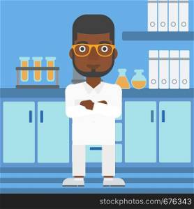 An african-american man standing on the background of laboratory vector flat design illustration. Square layout.. Male laboratory assistant.