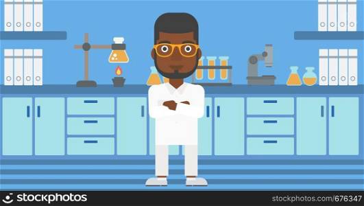 An african-american man standing on the background of laboratory vector flat design illustration. Horizontal layout.. Male laboratory assistant.