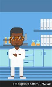 An african-american man standing on the background of laboratory vector flat design illustration. Vertical layout.. Male laboratory assistant.