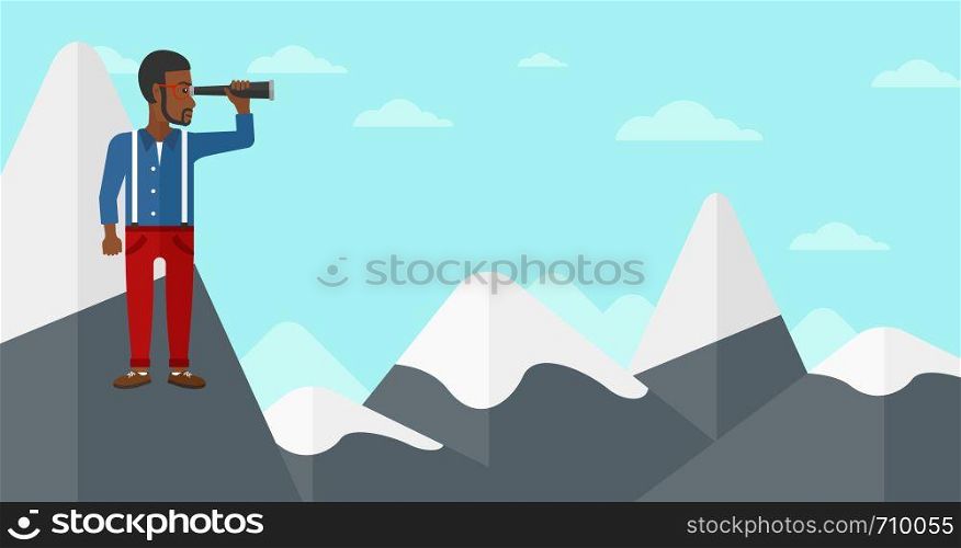 An african-american man standing on the top of mountain and looking through spyglass on the background of blue sky vector flat design illustration. Horizontal layout.. Businessman looking through spyglass.