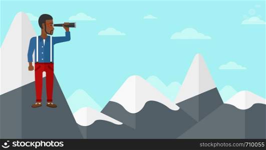An african-american man standing on the top of mountain and looking through spyglass on the background of blue sky vector flat design illustration. Horizontal layout.. Businessman looking through spyglass.