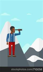 An african-american man standing on the top of mountain and looking through spyglass on the background of blue sky vector flat design illustration. Vertical layout.. Businessman looking through spyglass.