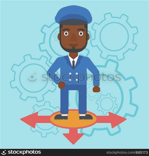 An african-american man standing on three alternative ways on a blue background with cogwheels. Concept of career choices. Vector flat design illustration. Square layout.. Man choosing career way.