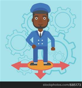 An african-american man standing on three alternative ways on a blue background with cogwheels. Concept of career choices. Vector flat design illustration. Square layout.. Man choosing career way.