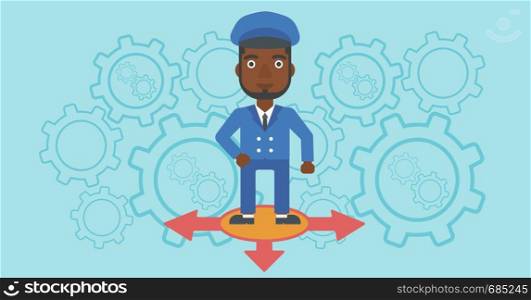 An african-american man standing on three alternative ways on a blue background with cogwheels. Concept of career choices. Vector flat design illustration. Horizontal layout.. Man choosing career way.