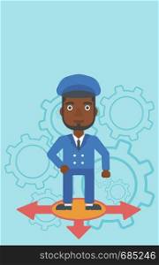 An african-american man standing on three alternative ways on a blue background with cogwheels. Concept of career choices. Vector flat design illustration. Vertical layout.. Man choosing career way.