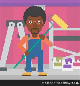 An african-american man standing with a paint roller on a background of room with paint cans and ladder vector flat design illustration. Square layout.. Painter with paint roller.