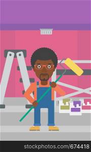 An african-american man standing with a paint roller on a background of room with paint cans and ladder vector flat design illustration. Vertical layout.. Painter with paint roller.
